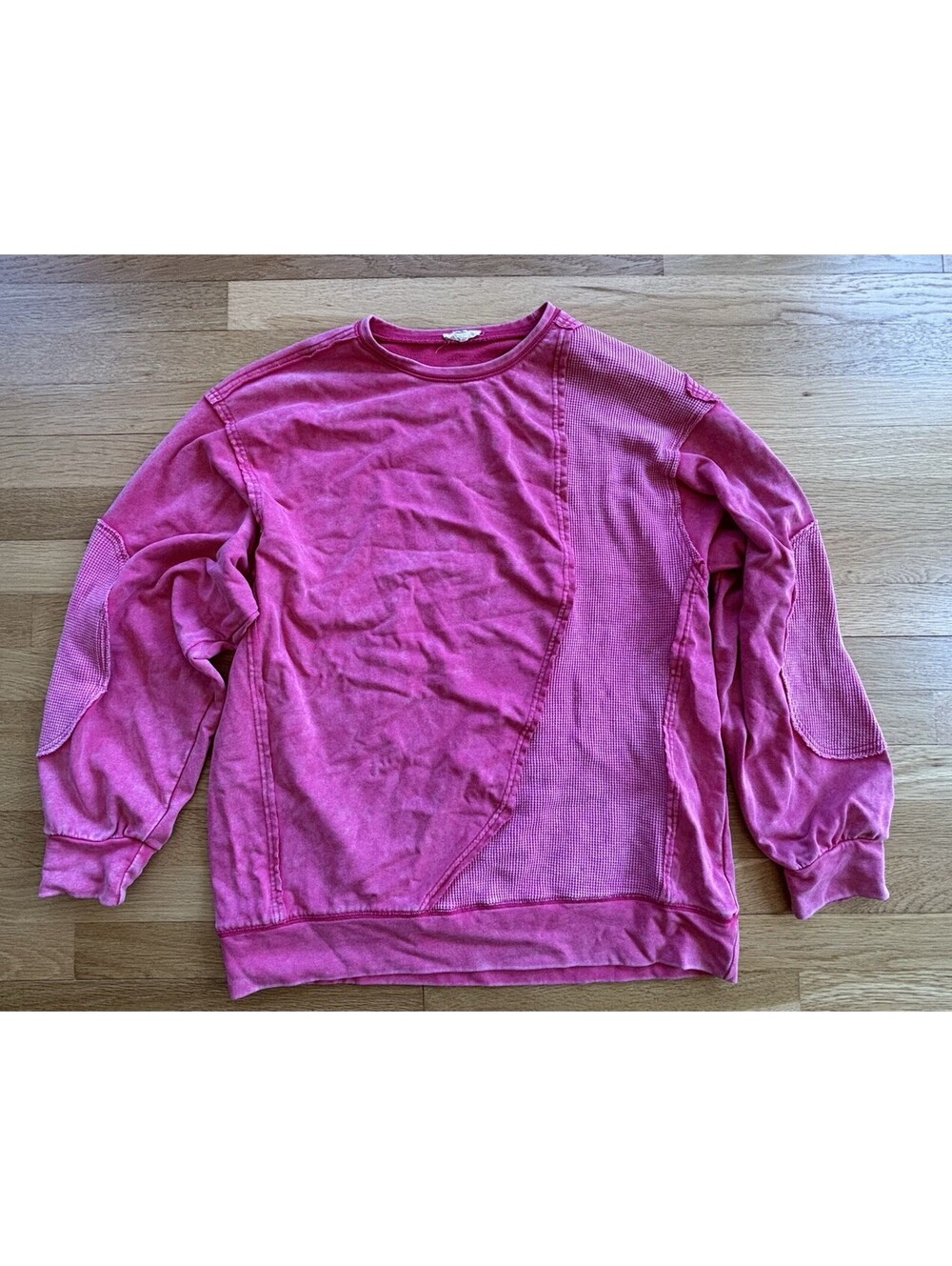 OTT Womens M/L Pink Mineral Wash Waffle Knit Panel Oversized Sweatshirt